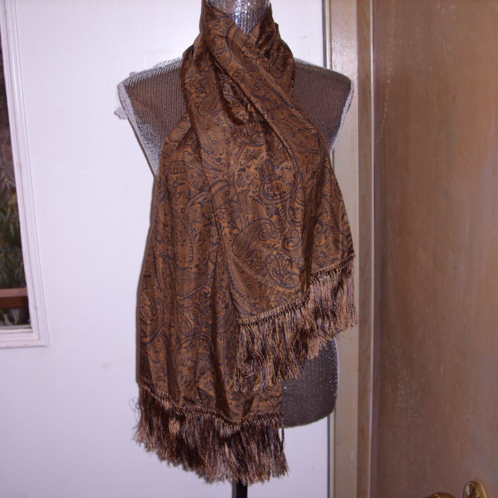 Paisley Scarf Long Fringe Elegant neutral 12x55" EUC